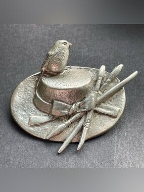 Vintage Marjolein Baskin Pewter Artist Bird on Hat Brushes Hallmark